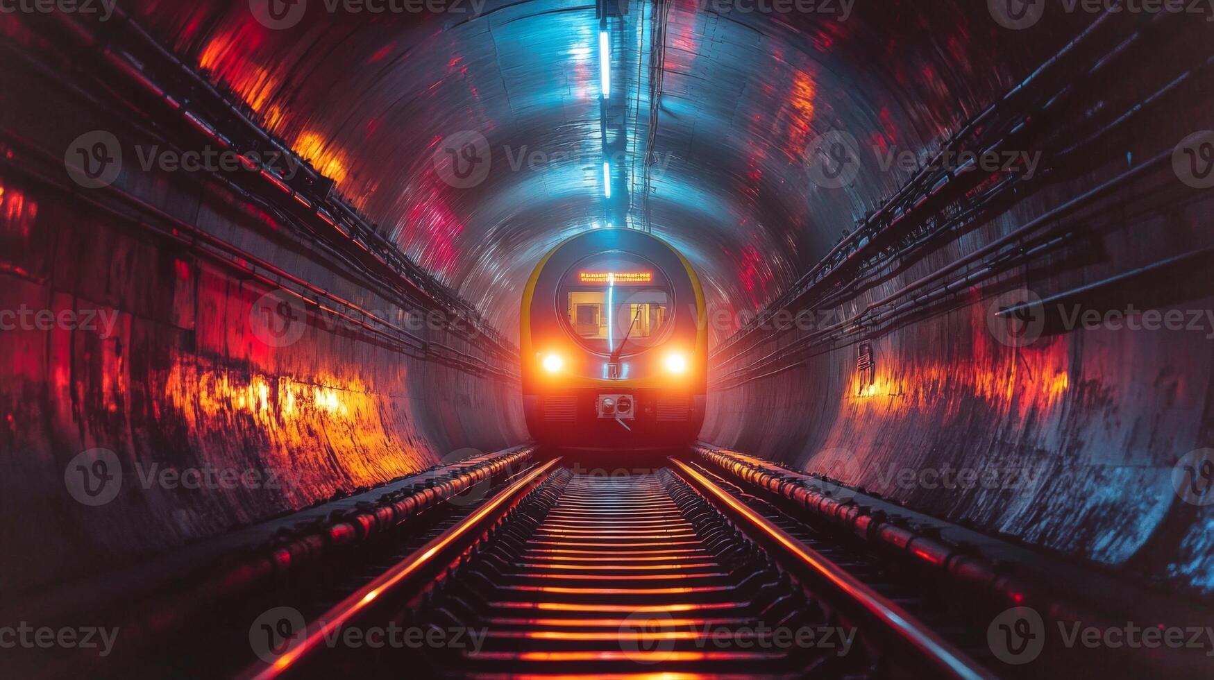 A subway train travels through a dark tunnel, illuminated by vibrant lights reflecting off the metallic walls. The train approaches, showcasing the infrastructure of urban mobility and automation. photo
