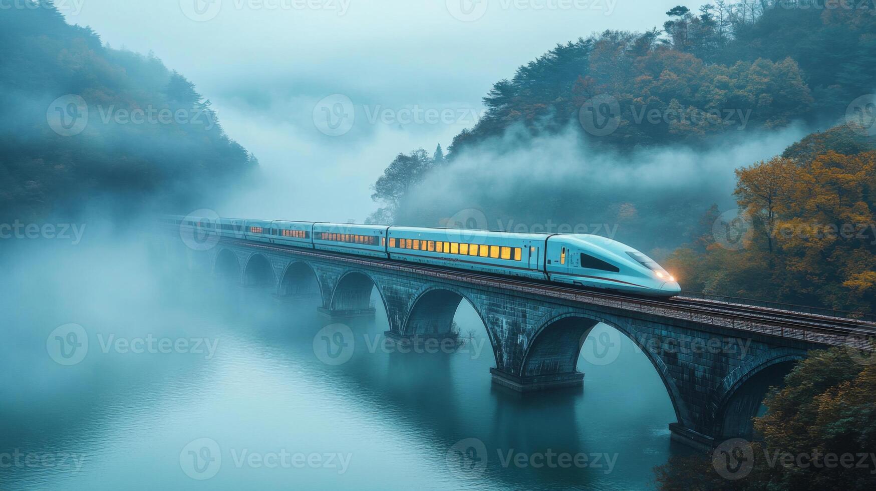 A high speed maglev train glides smoothly over a stone bridge, enveloped by fog. Surrounding mountains showcase lush autumn foliage as dawn breaks, creating a tranquil atmosphere. photo