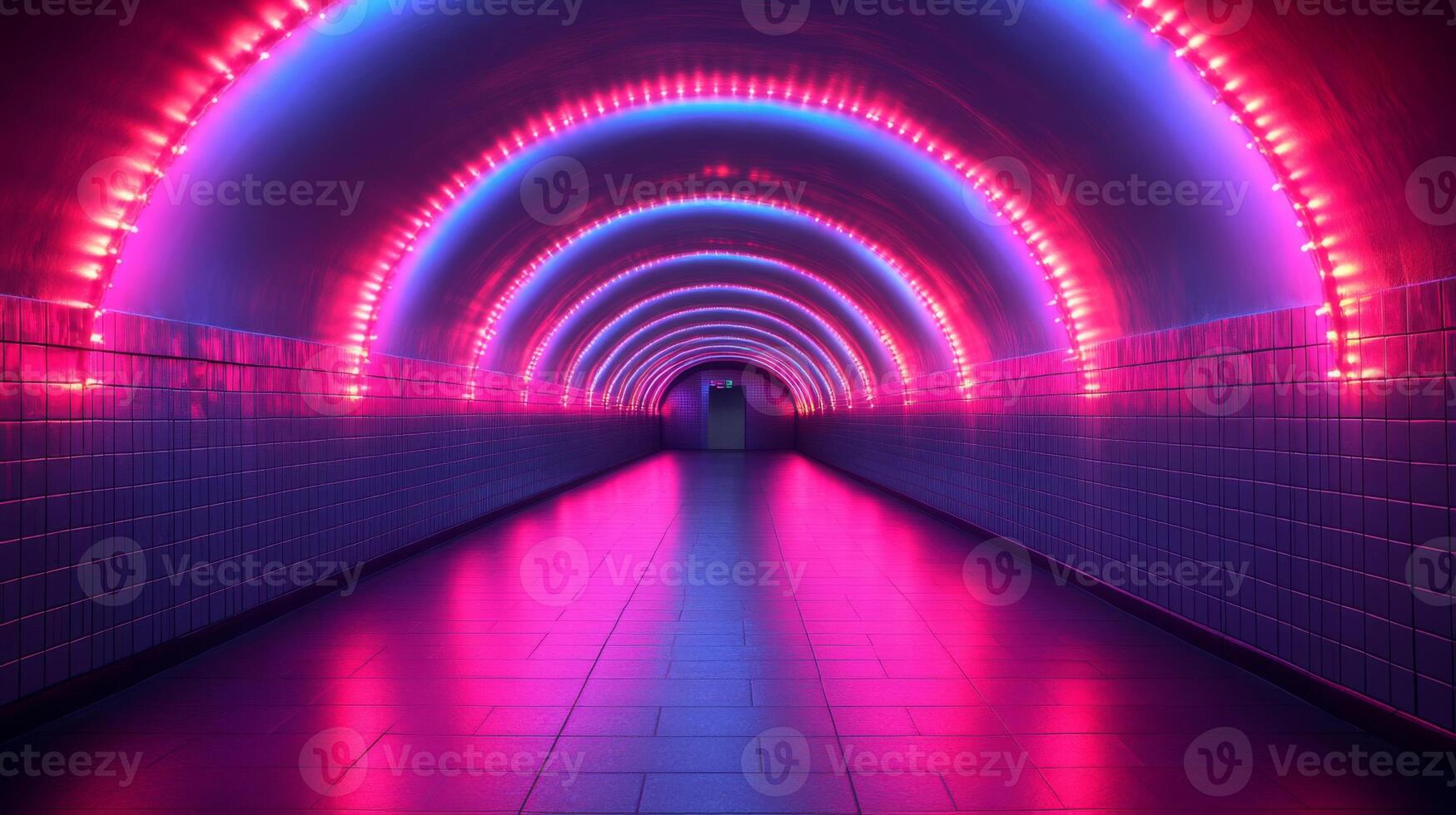 Vibrant tunnel in an urban subway system features glowing neon lights in pink and blue, highlighting the modern architecture and enhancing the commuter experience in metropolitan transit areas. photo