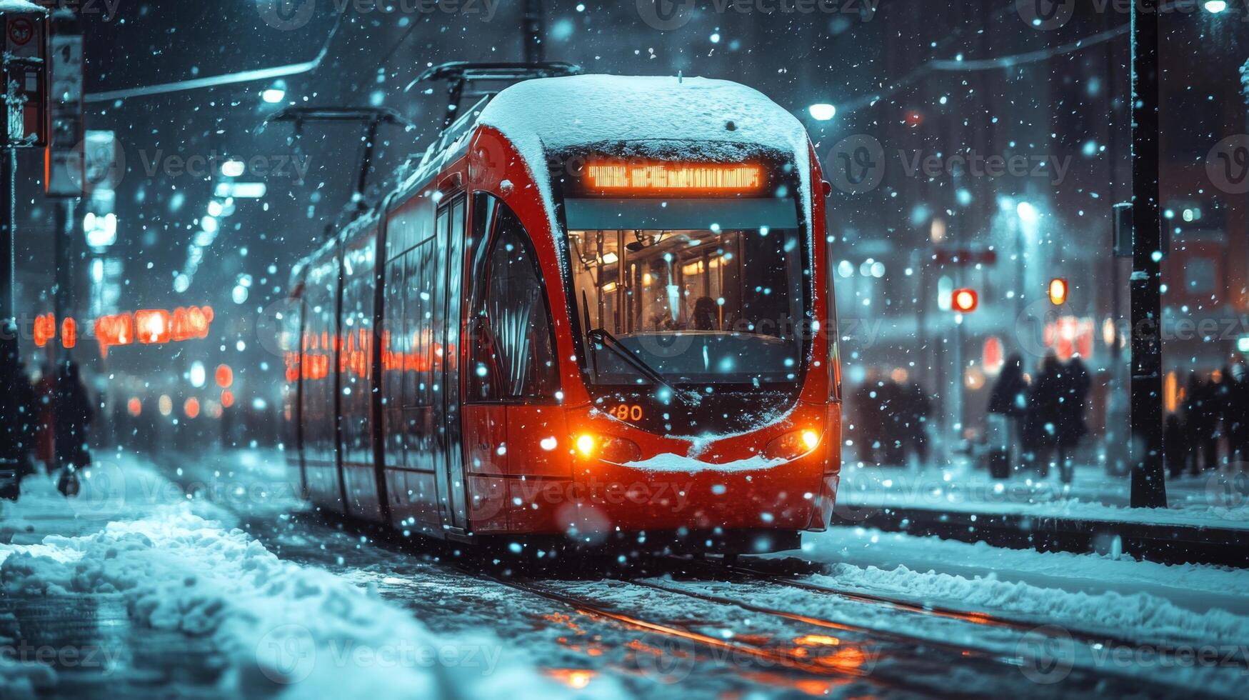 A brightly lit metro tram moves through a snowy urban landscape at night. Snowflakes fall gently, creating a serene atmosphere in a busy city street. photo