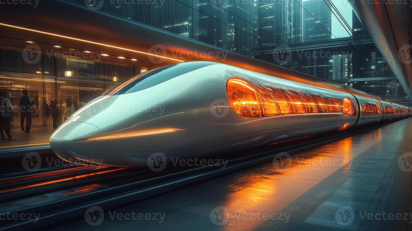 A high speed maglev train stands at a sleek urban terminal, illuminated by futuristic lighting, while travelers wait for departure in an advanced transportation setting. photo