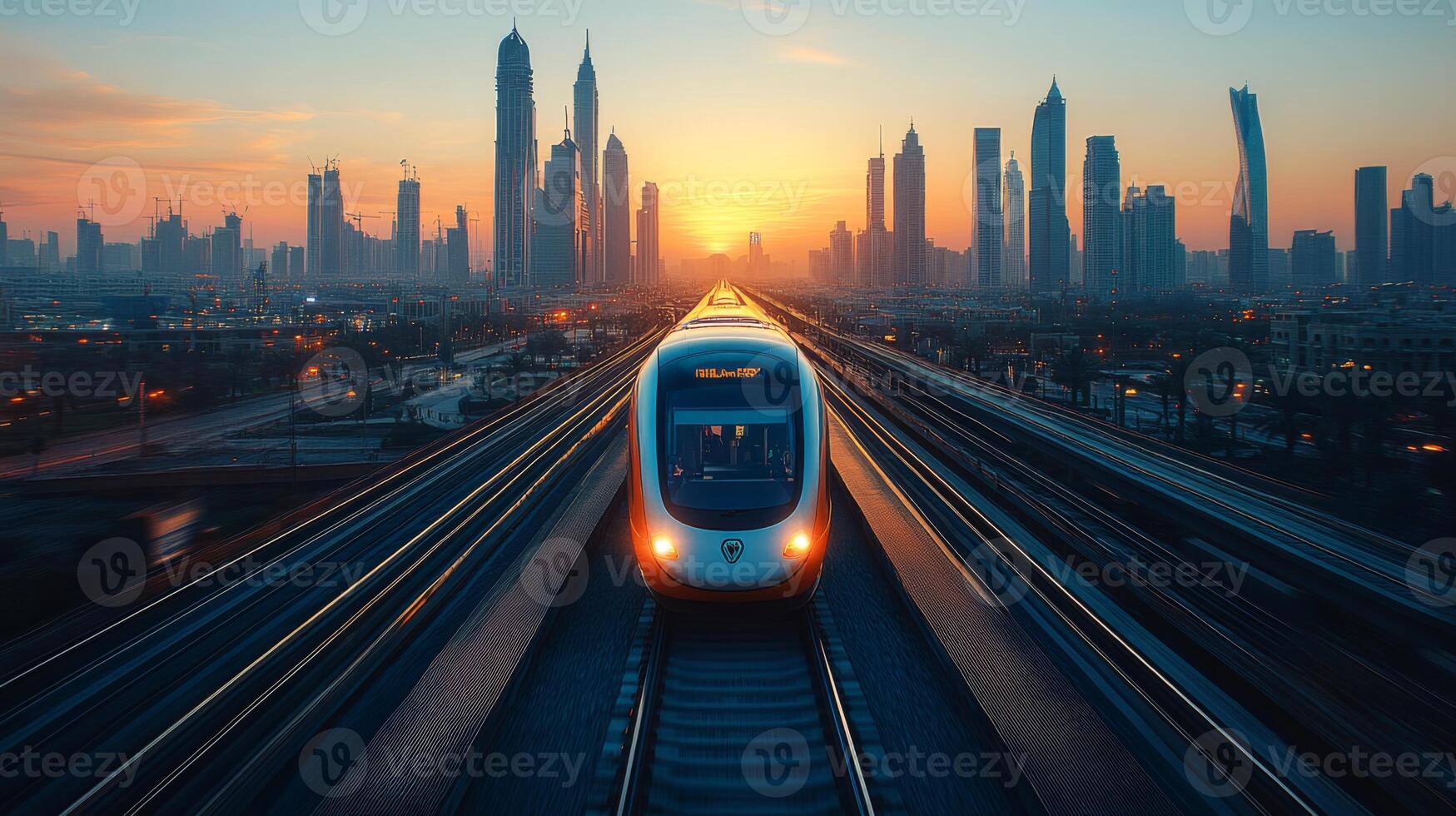 A high speed train moves along elevated tracks in a bustling city during sunset, highlighting advanced transportation and mobility solutions in modern infrastructure. photo
