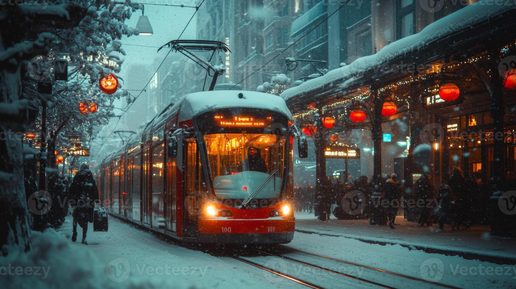 A vibrant subway tram navigates through a snow covered urban landscape on a winter evening, with commuters awaiting their rides amidst festive lights and falling snowflakes. photo