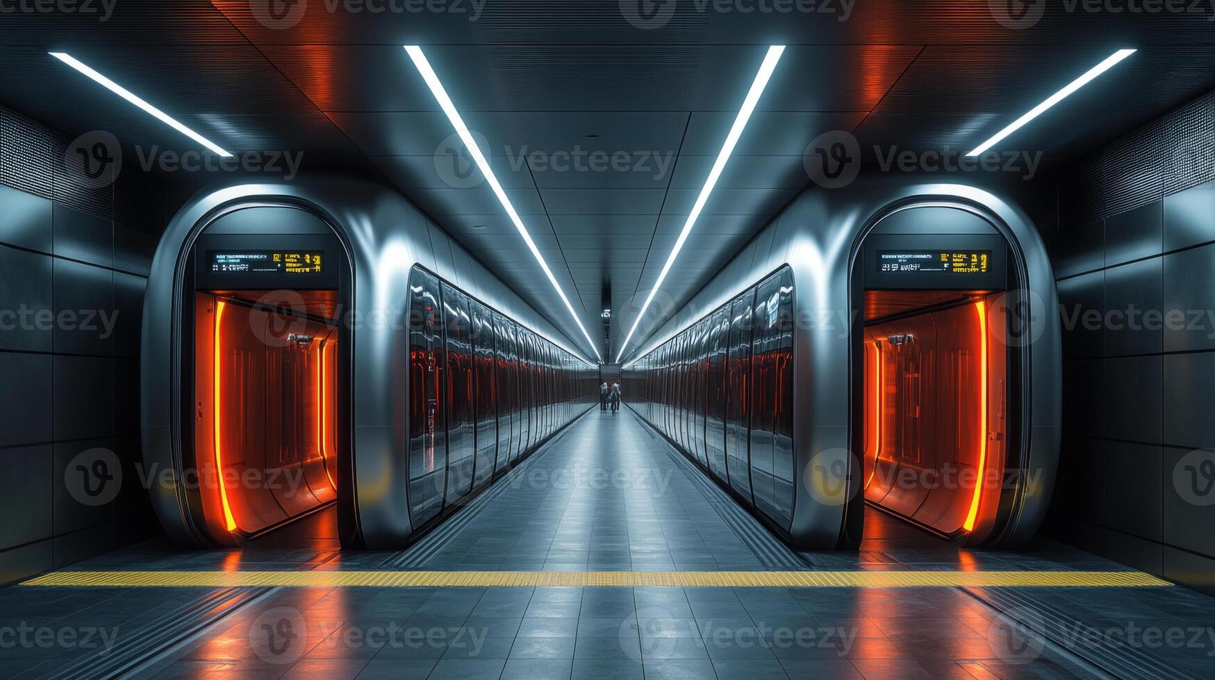 Commuters await trains at a sleek subway station featuring futuristic design and efficient mobility solutions in an urban environment. photo