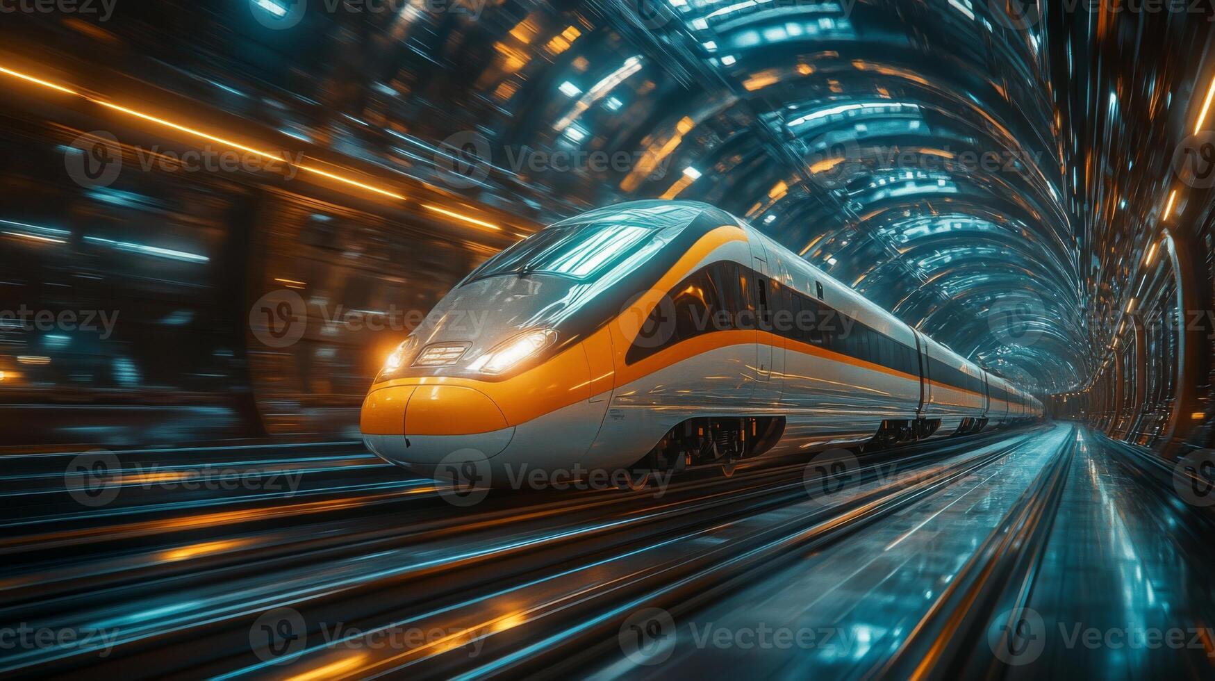 A high speed train moves swiftly through a sleek, illuminated tunnel, highlighting innovations in transport infrastructure and the future of mobility. photo