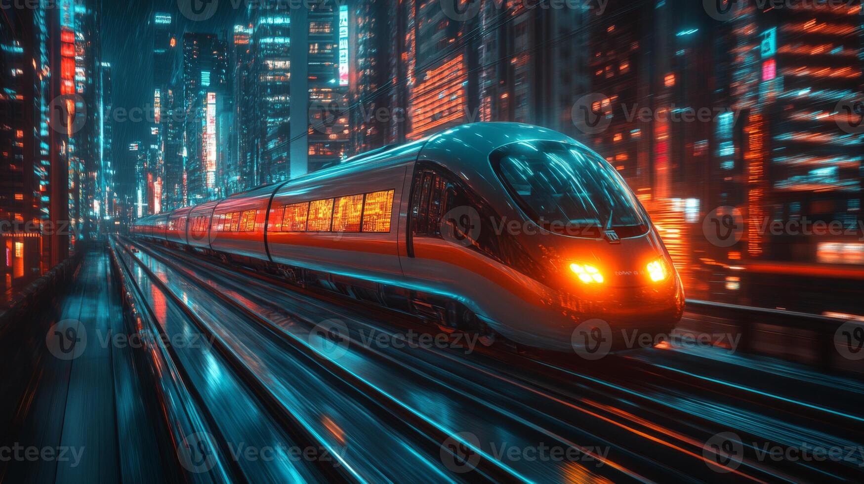 A high speed metro train moves swiftly through a bustling urban environment, surrounded by towering buildings glowing with neon signage and lights, reflecting the dynamic mobility of modern city life. photo