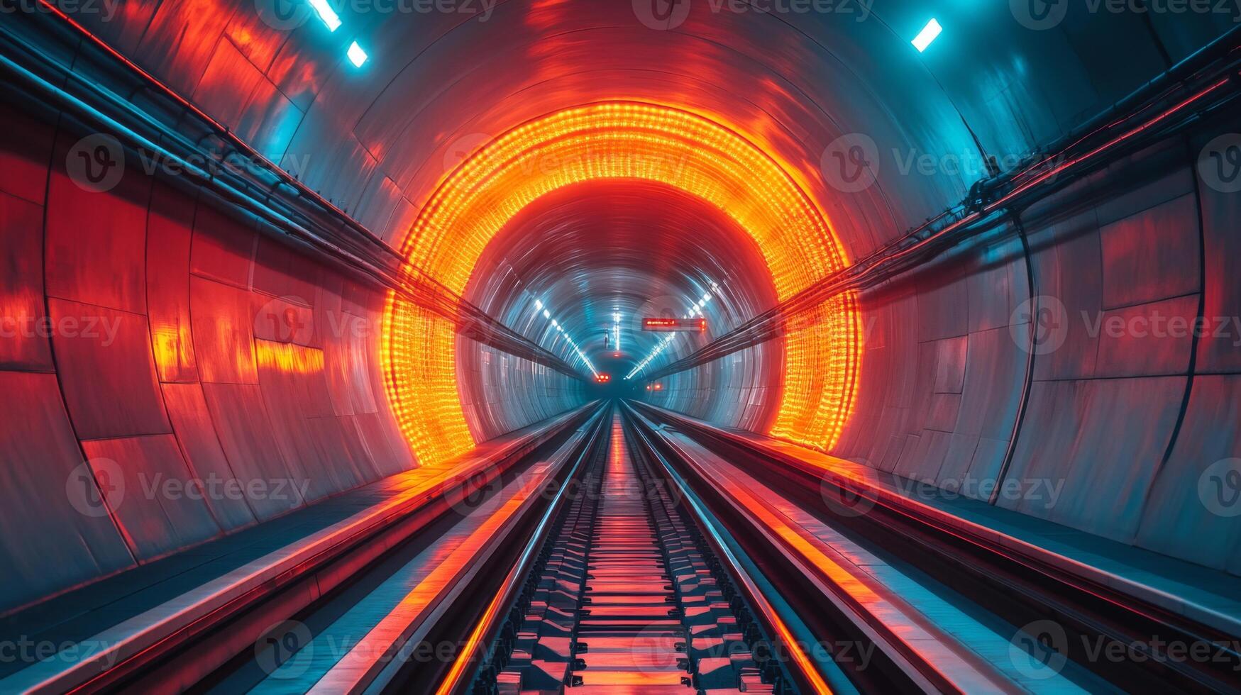 Inside a high speed railway tunnel, vibrant illuminated patterns appear along the walls, highlighting the integration of technology in modern rail infrastructure. photo