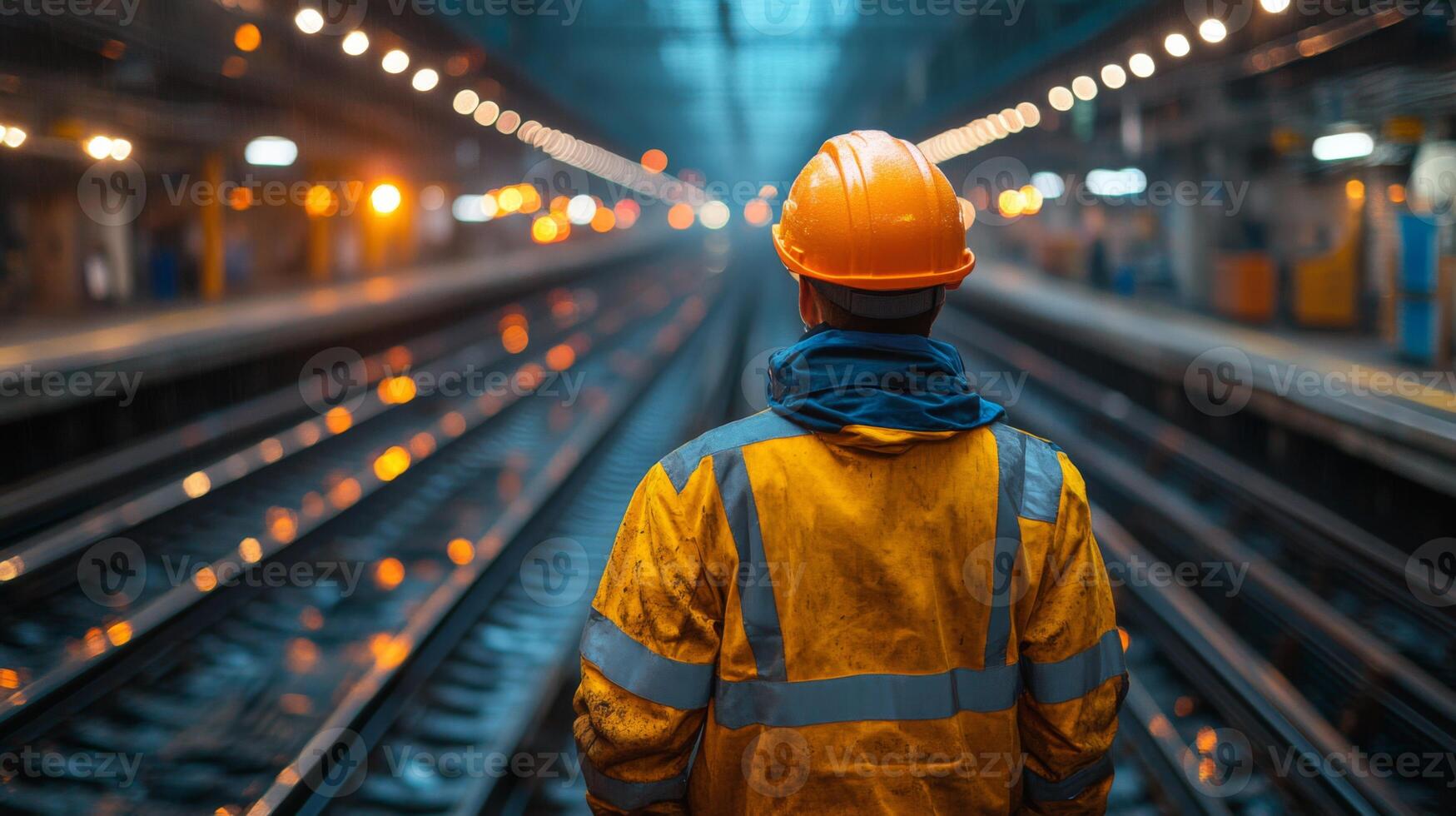 A worker in safety gear observes railway tracks in a well lit station during evening hours, ensuring the smooth operation of high speed train services and automation systems. photo