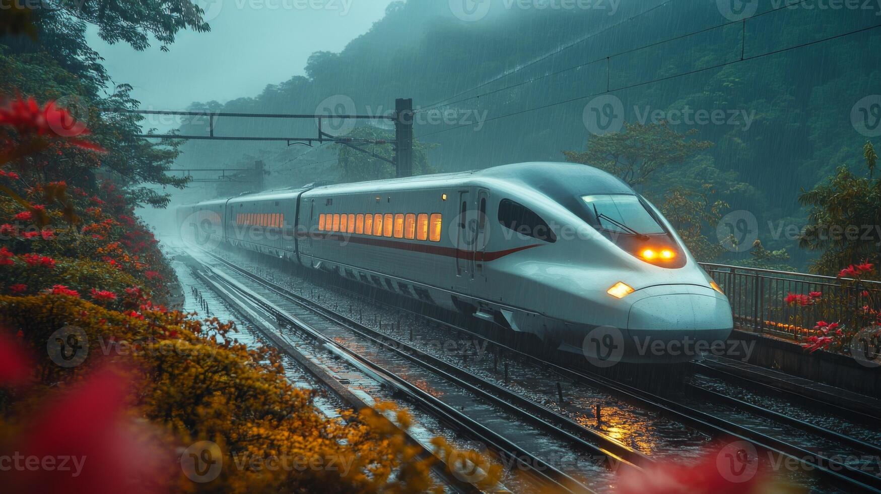 High speed train moves swiftly along elevated tracks amidst a foggy backdrop, surrounded by vibrant flora, highlighting advancements in rail technology and automation. photo