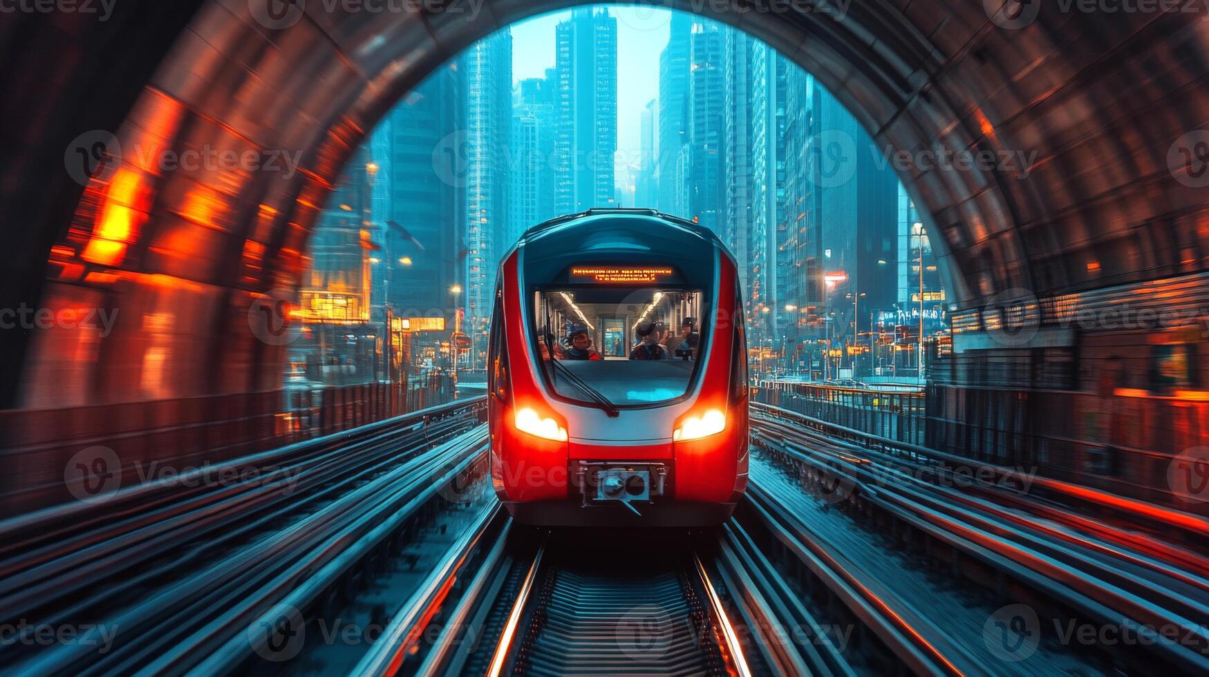 A red train moves swiftly through an illuminated tunnel, heading towards an urban destination. The vibrant city lights reflect off the windows as commuters await their journeys. photo