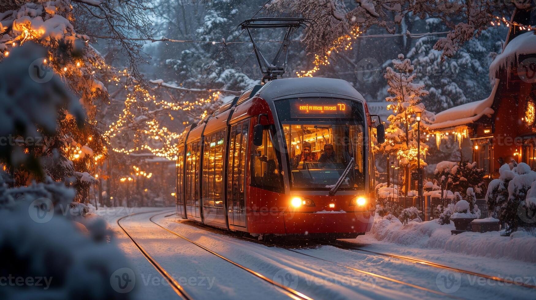 A red tram travels along tracks lined with snow, illuminated by twinkling lights in a winter urban landscape. Trees and buildings are blanketed in snow, creating a cozy atmosphere. photo