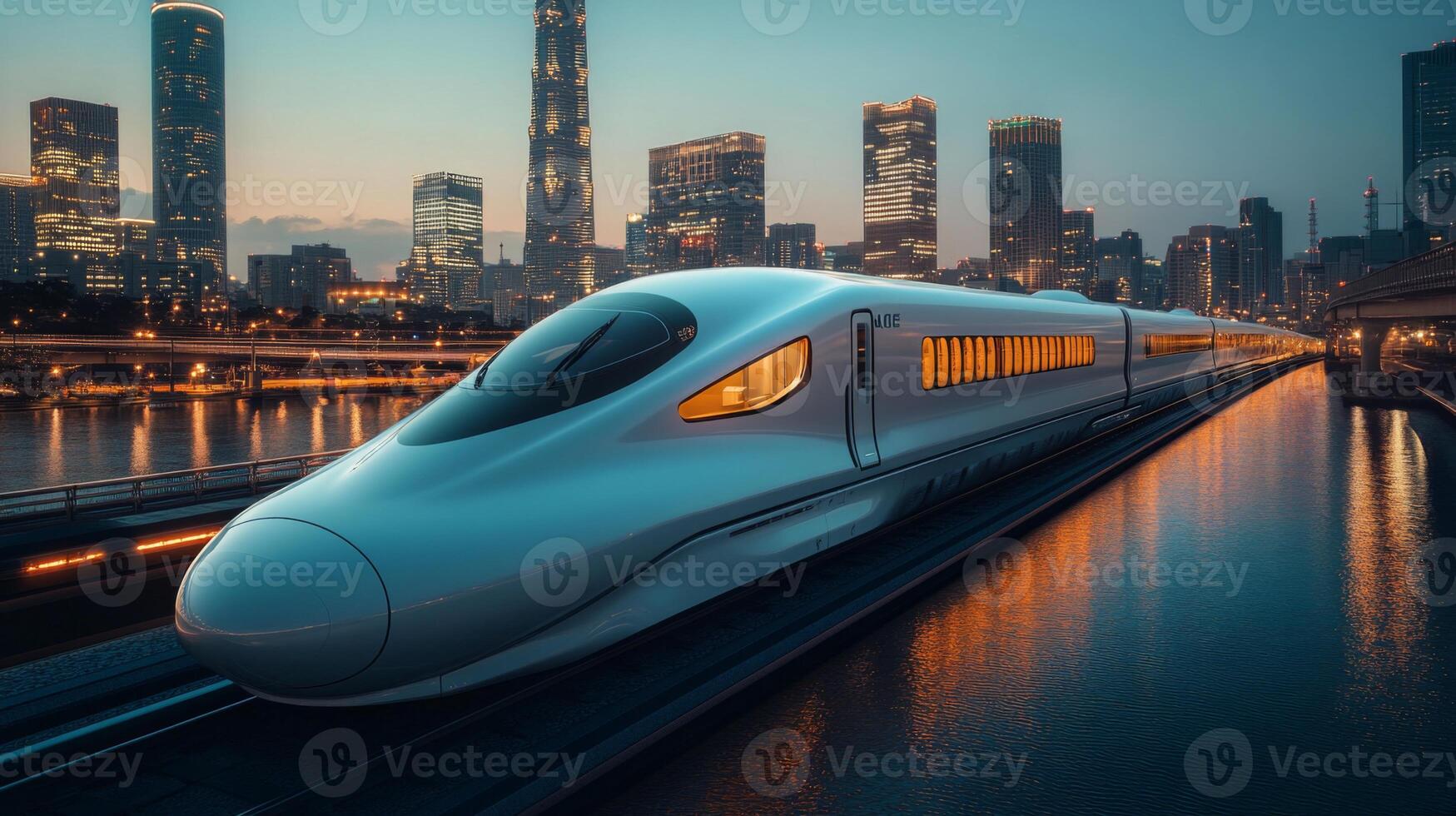 A high speed maglev train is poised on the tracks as twilight descends, with a bustling city skyline illuminated in the background. The train showcases advanced design and technology. photo