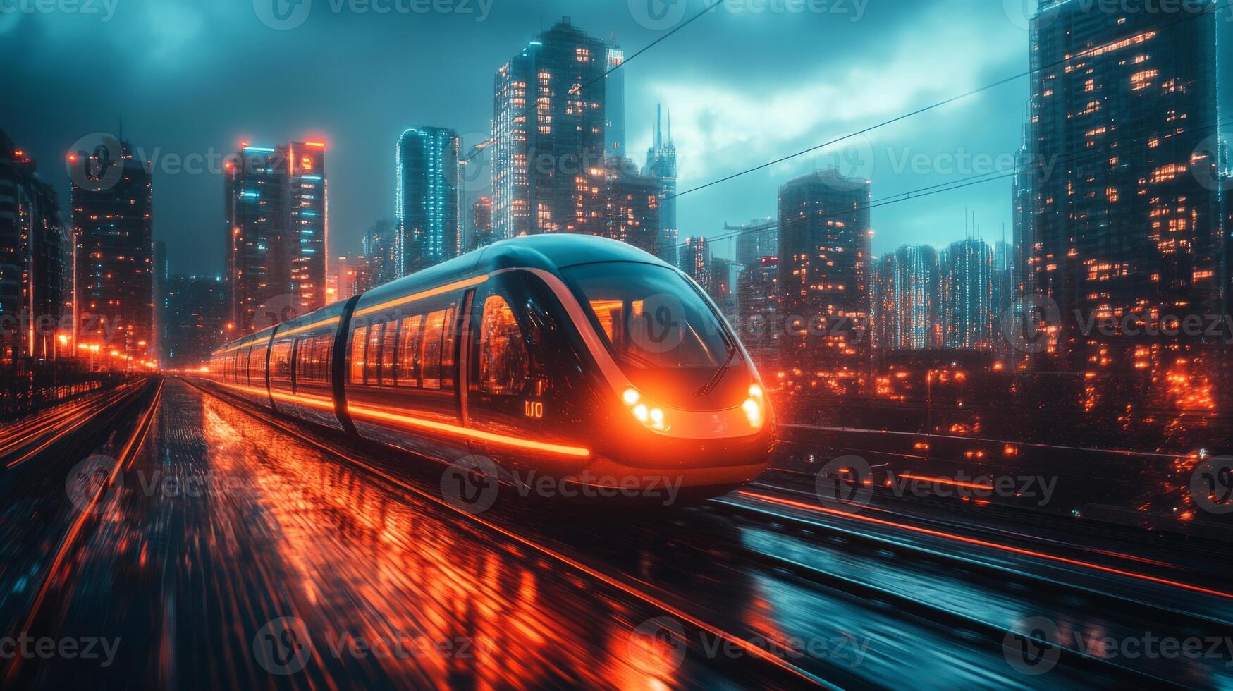 A sleek maglev train moves swiftly along elevated tracks amid glowing skyscrapers. Reflections shimmer on wet surfaces, highlighting a futuristic city at night. photo