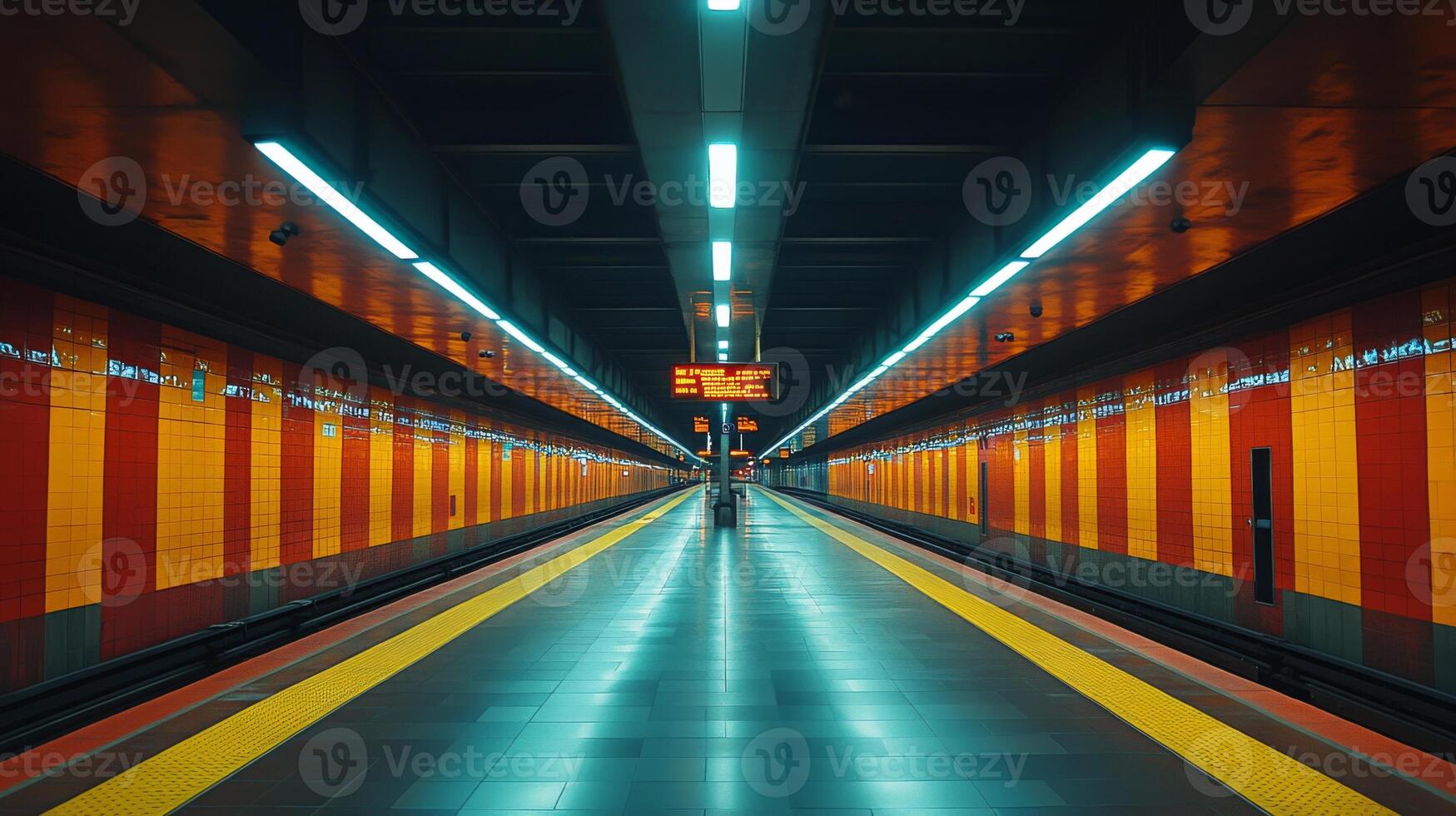 A spacious subway station features bright tile walls and an electronic display board showing upcoming train arrivals, ideal for commuters. photo