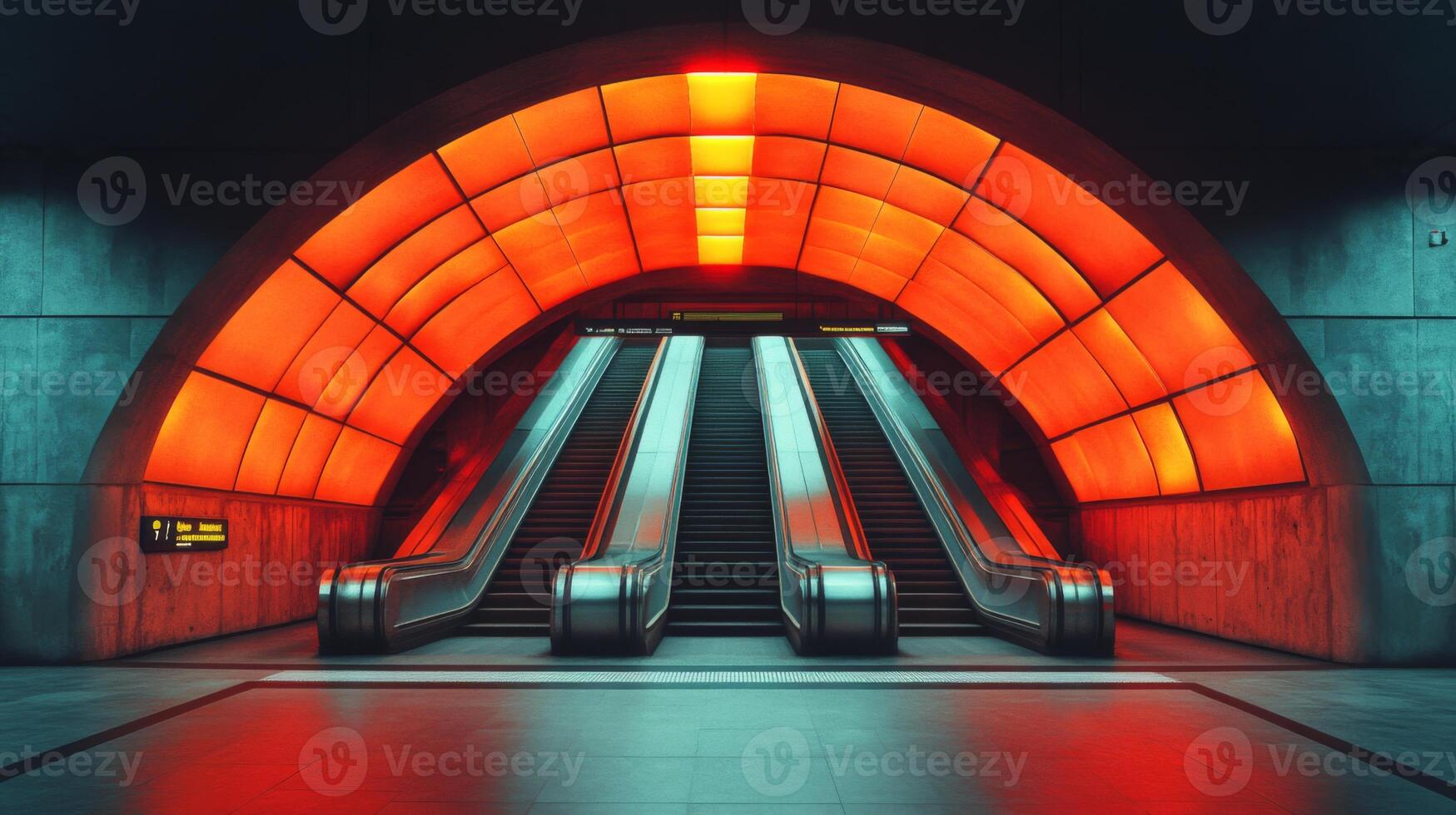Commuters navigate a well designed subway station featuring vivid red lighting and dual escalators, highlighting efficiency in urban transportation during peak hours. photo