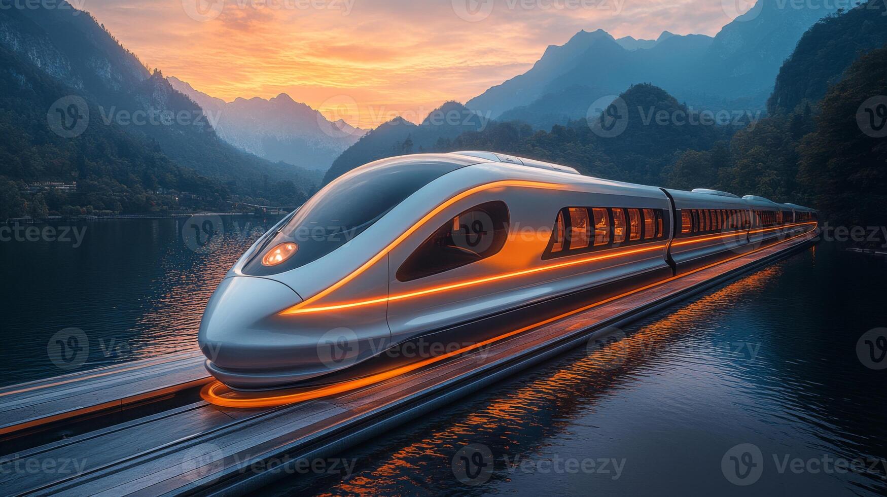 A sleek maglev train is gliding smoothly over elevated tracks beside calm waters, surrounded by majestic mountains as the sun sets, casting a warm glow in the sky. photo