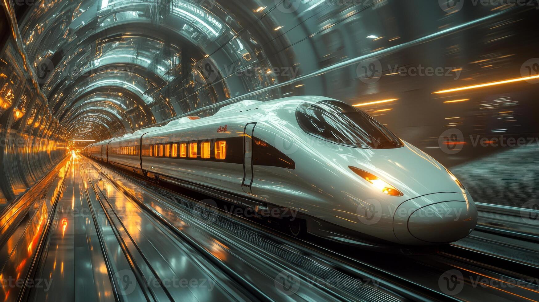 A high speed maglev train speeds through a sleek, illuminated tunnel designed for efficient transportation, showcasing advanced infrastructure and modern mobility. photo