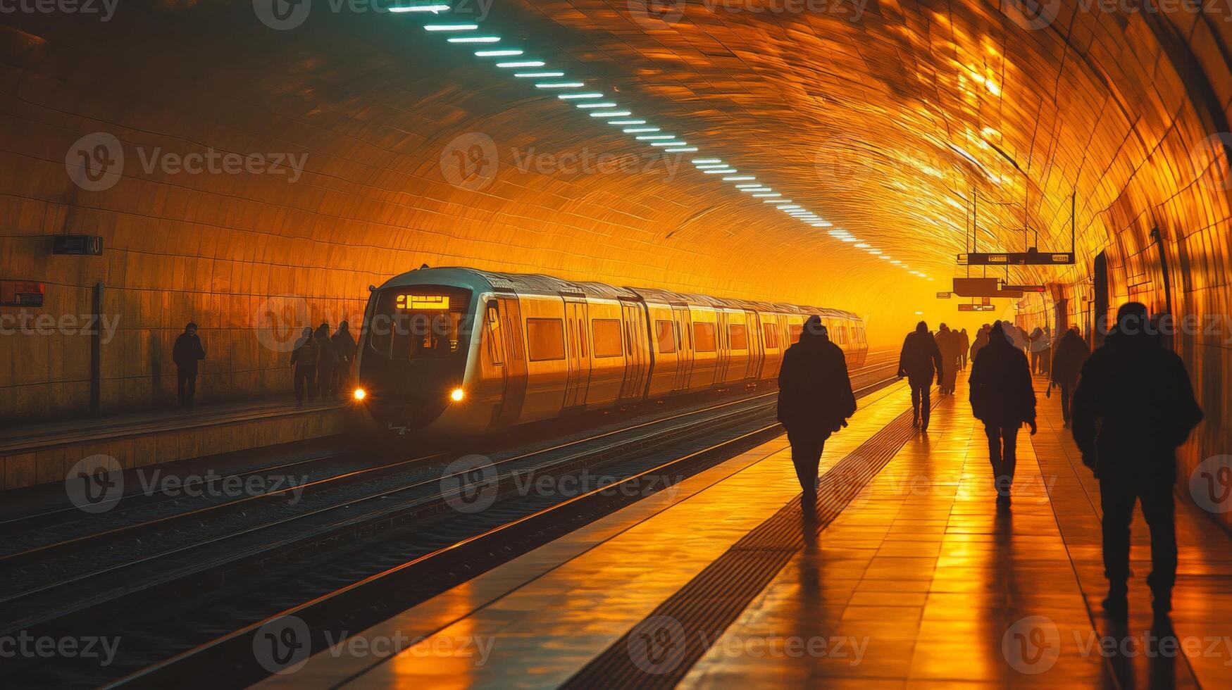 Commuters walk along the platform of an urban subway station at dusk, highlighted by the warm glow of the tunnel as a train arrives. The atmosphere reflects modern transit and mobility. photo