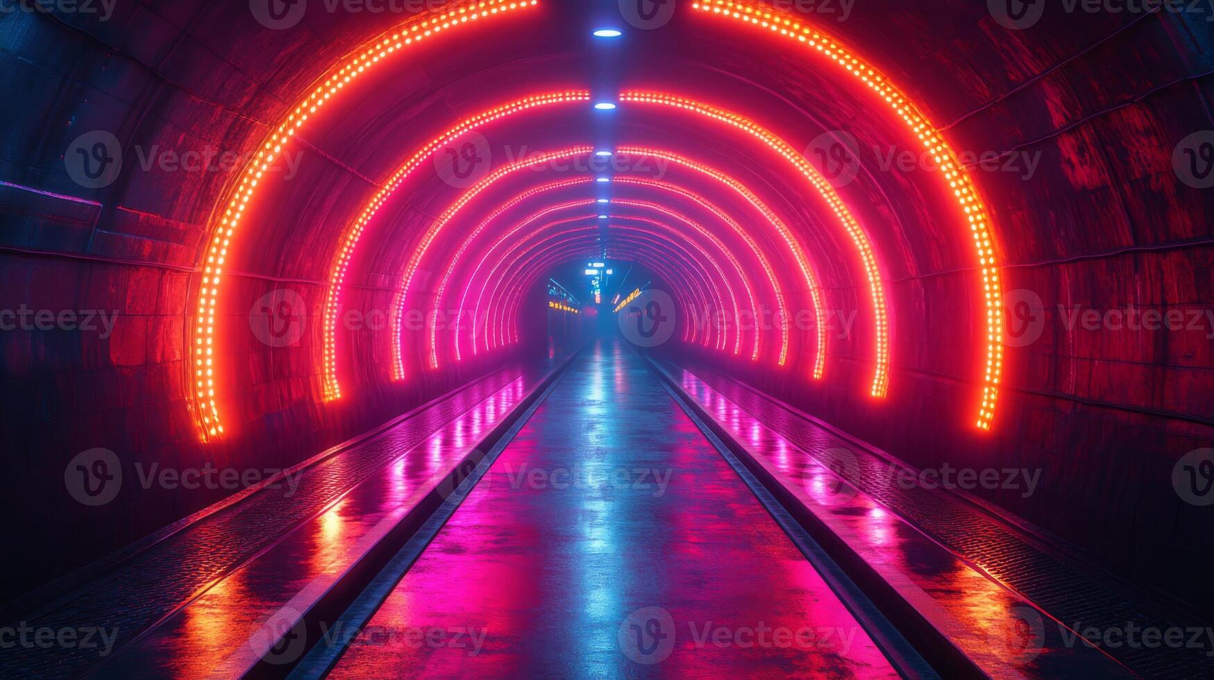 A brightly lit tunnel features vibrant neon lights reflecting off the wet surface, representing the intersection of modern design and urban transit systems during late evening hours. photo