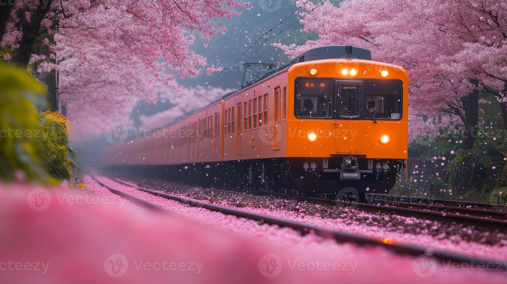 A high speed train travels along railway tracks surrounded by blooming cherry blossom trees, creating a picturesque spring atmosphere with petals gently falling. photo