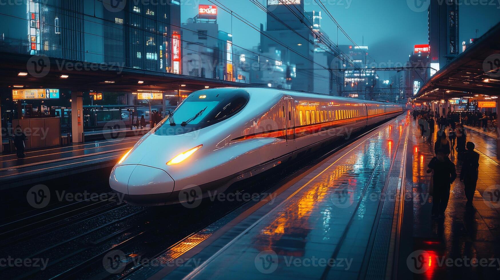 A sleek high speed train approaches the platform in a vibrant city, illuminated by neon lights and reflecting on wet surfaces as commuters await its arrival. photo
