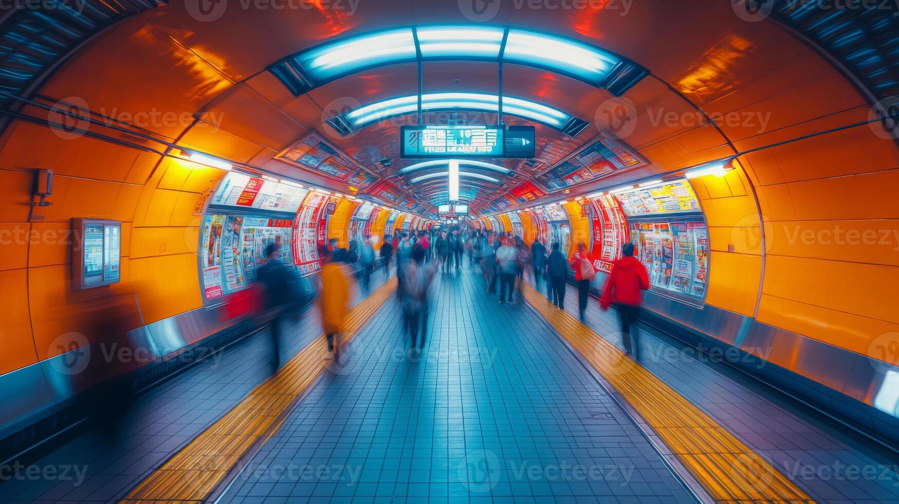 Busy city commuters walk through a brightly lit subway corridor filled with colorful advertisements and modern design elements, highlighting urban mobility and transit efficiency. photo