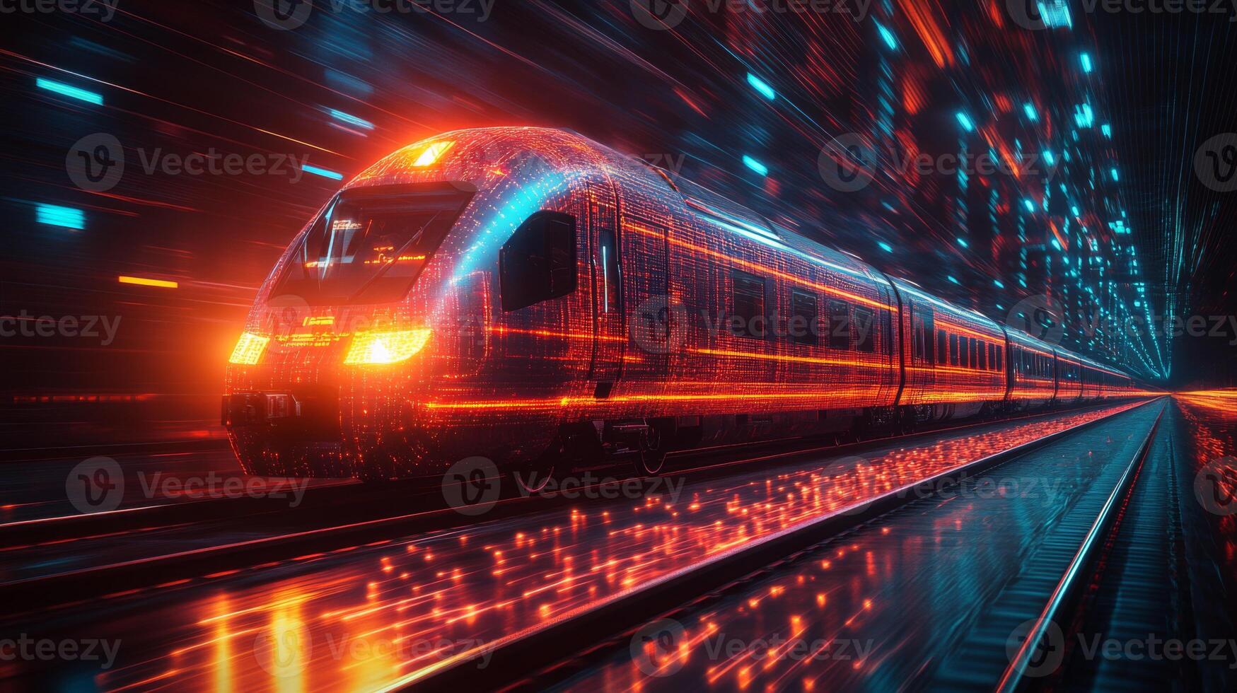 A high speed maglev train races through a vibrant rail corridor filled with colorful lights and digital patterns, symbolizing the future of transportation and mobility. photo