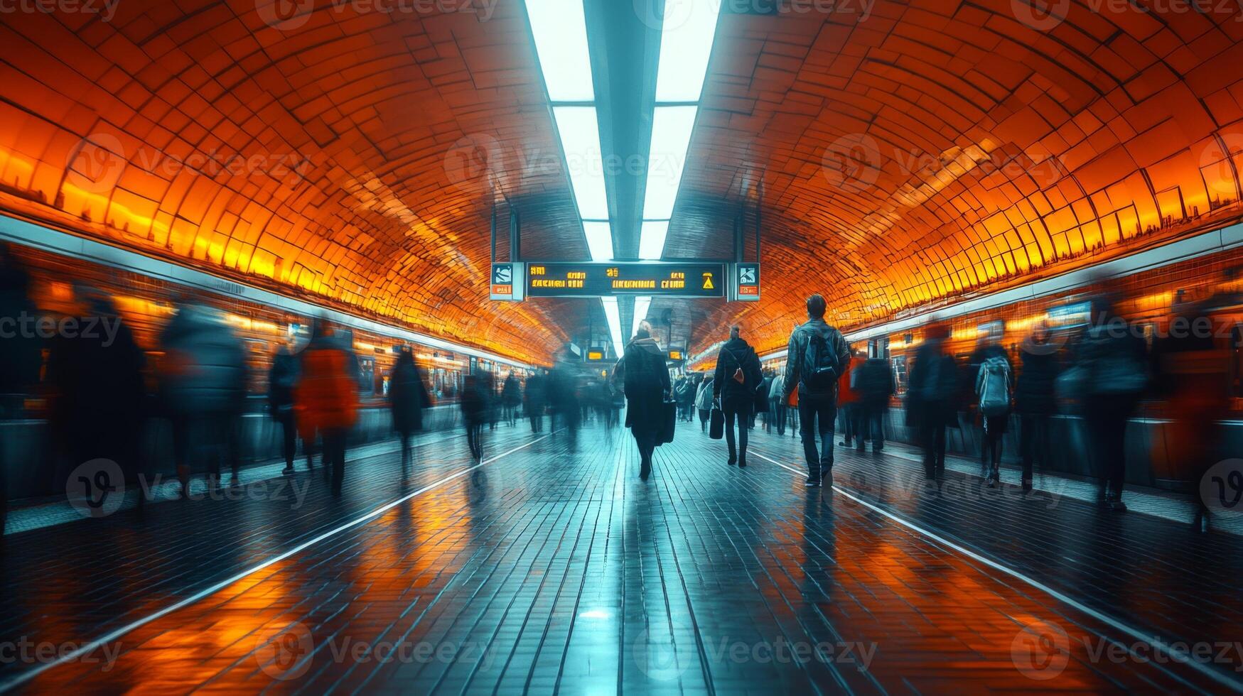Commuters navigate through a lively subway station illuminated by warm orange tones, emphasizing the efficiency of urban transit during peak evening hours. photo
