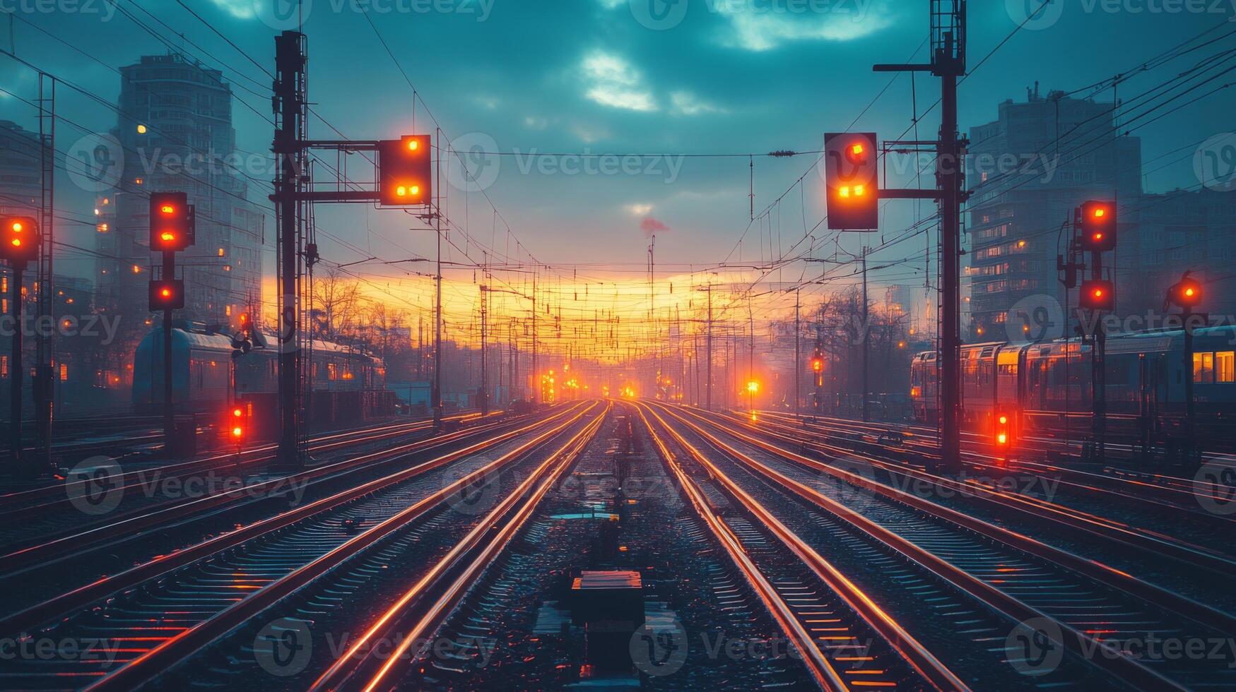 Trains stand still as dusk settles, illuminated signals glowing in the twilight. Railway tracks stretch endlessly, emphasizing automated mobility in urban infrastructure. photo