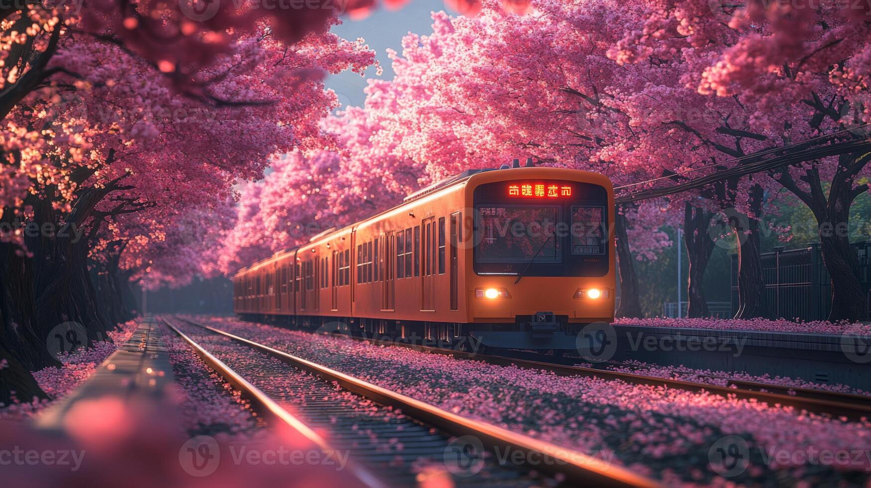 A vibrant commuter train glides along tracks amidst a stunning display of cherry blossoms in full bloom, creating a picturesque and tranquil atmosphere in the urban setting. photo