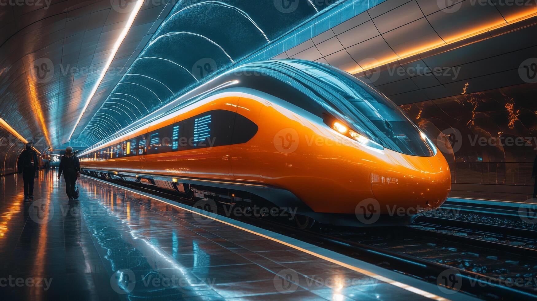 A sleek high speed train prepares for departure at a futuristic railway station with illuminated architecture and a focus on efficient mobility and infrastructure photo