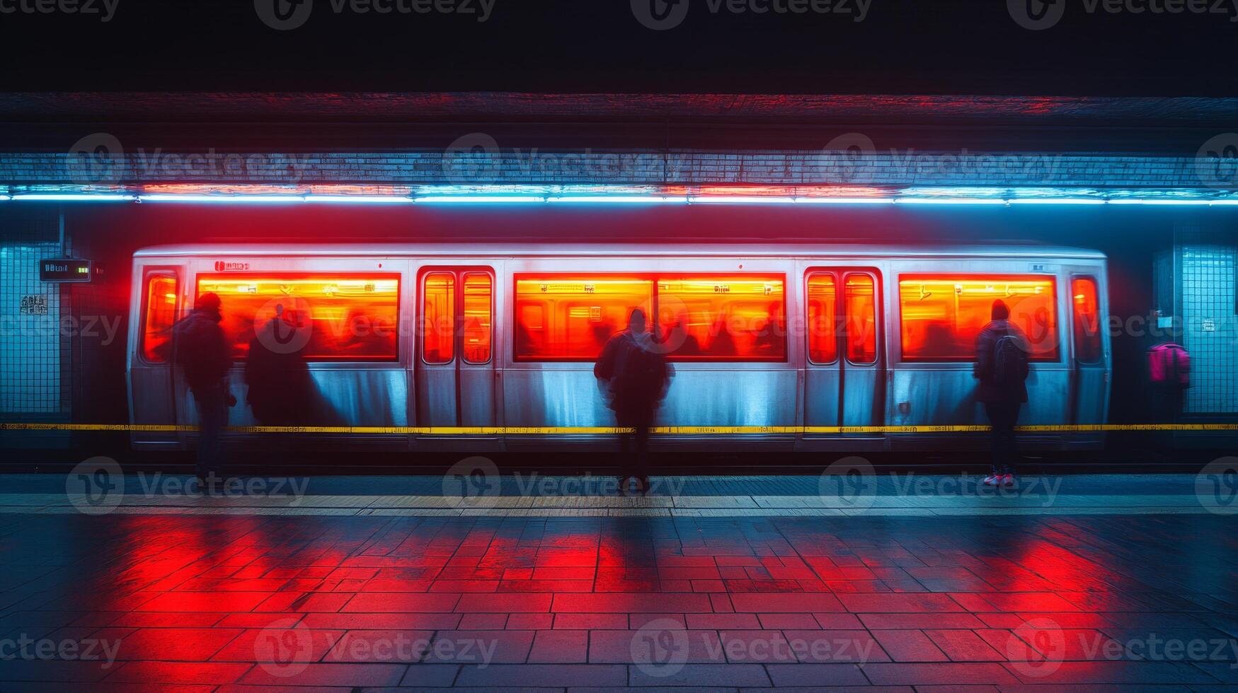 Commuters stand in a subway station illuminated by vibrant lights, while an automated train prepares for departure in an urban setting during nighttime. photo