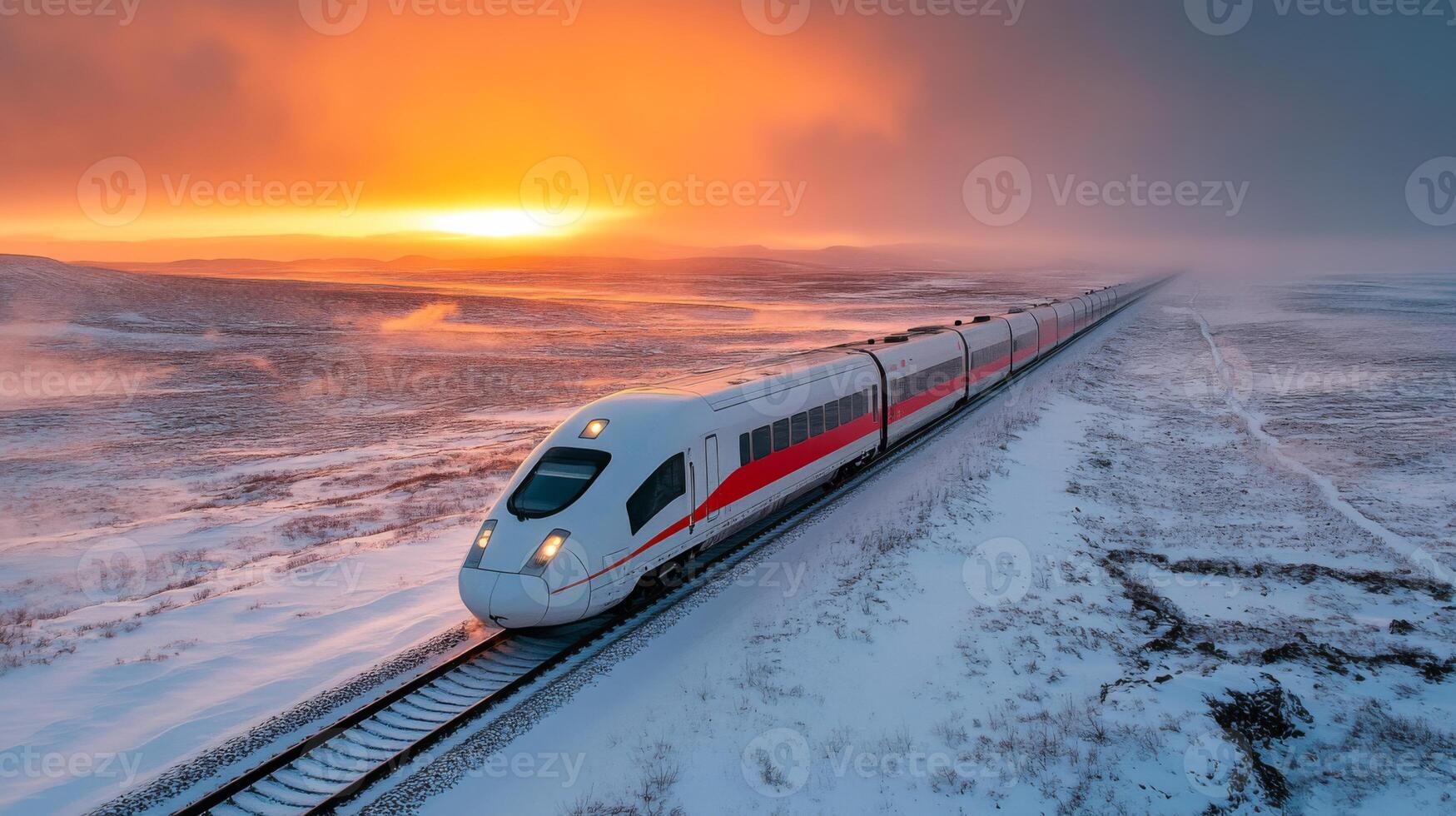 A high speed train travels along snowy tracks under a colorful sunrise. The scenery features open fields and distant hills, creating a sense of dynamic mobility and advanced infrastructure. photo