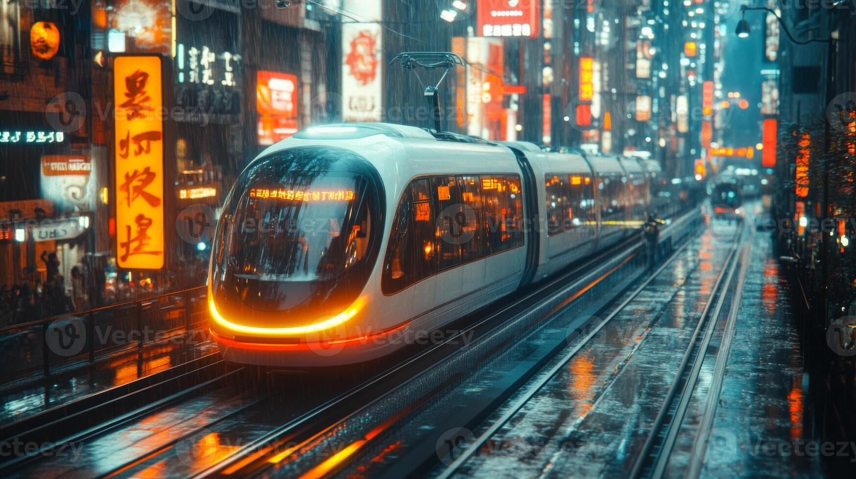 A subway train moves smoothly along tracks in an urban environment. Rain falls softly as colorful neon signs illuminate the scene, creating a lively atmosphere for nighttime commuters. photo