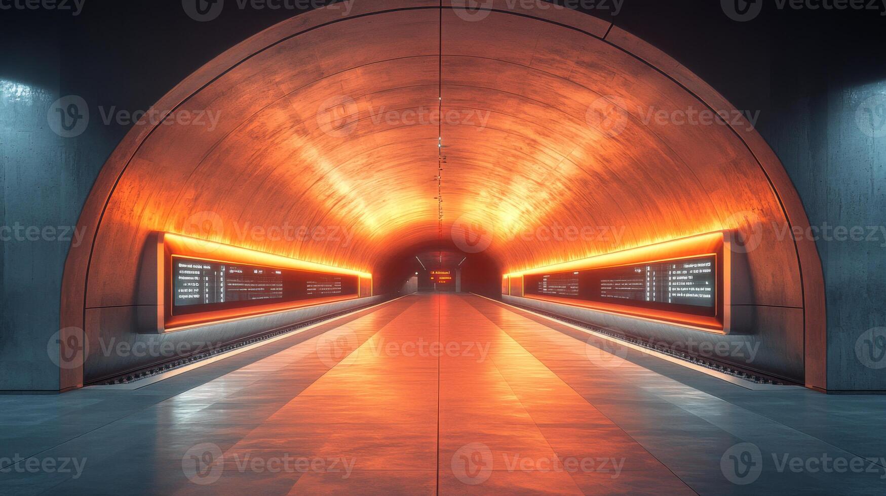This subway station showcases a geometric tunnel illuminated by orange lighting, promoting a modern transit infrastructure for urban commuters. The design emphasizes mobility and automation. photo