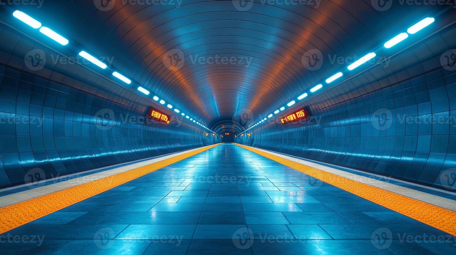 An urban metro tunnel features sleek architecture with bright lighting and vibrant colors. Automatic signs display information, enhancing commuter experience in the subway system. photo