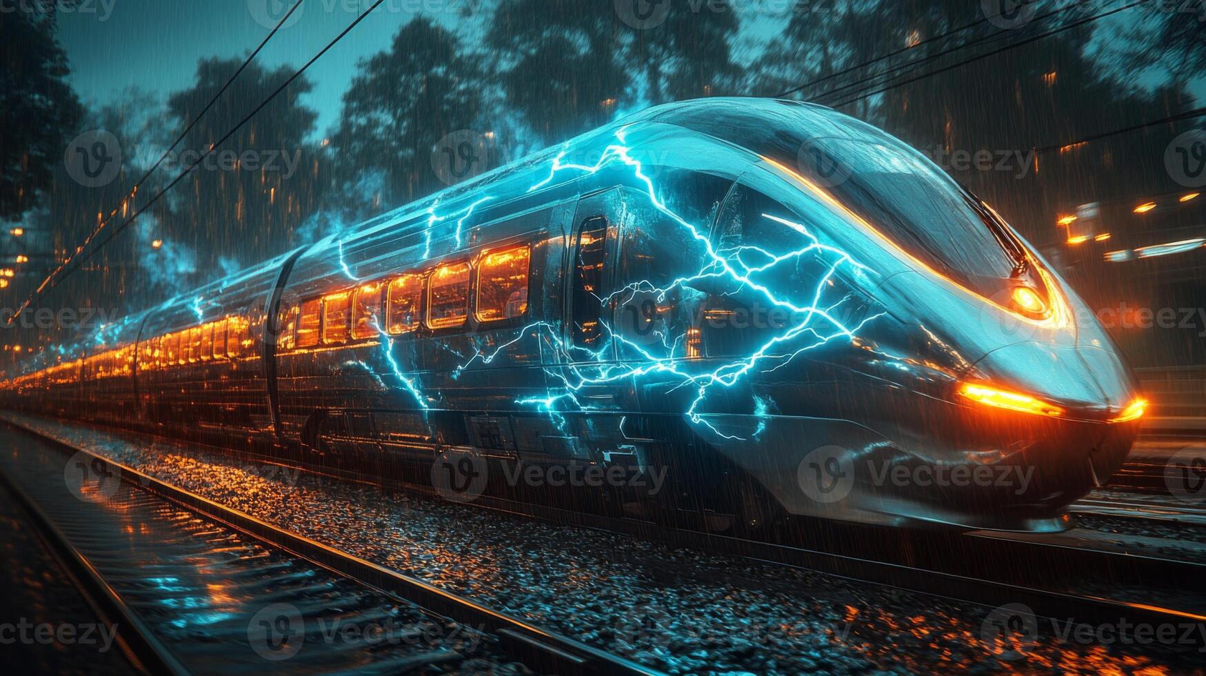 A futuristic maglev train travels swiftly along railway tracks, illuminated by lightning effects, amid a vibrant and rainy urban landscape in the evening, demonstrating advanced mobility. photo