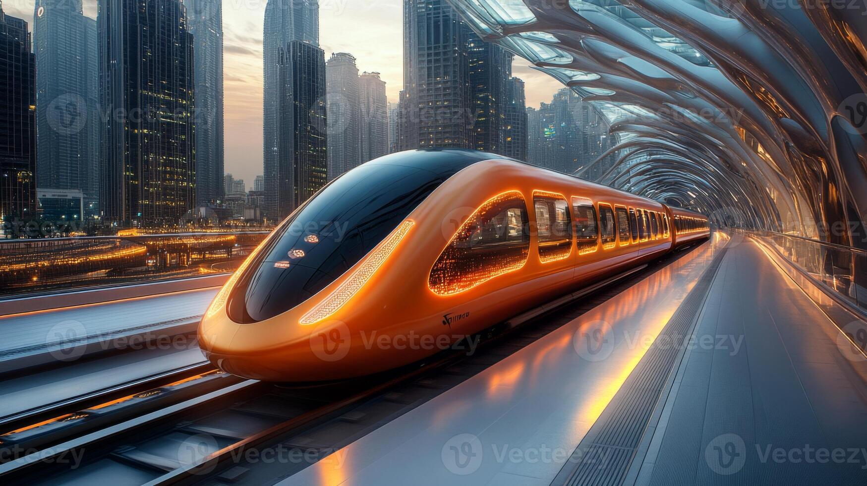 A sleek, orange high speed maglev train waits at a railway station during twilight, with towering skyscrapers contrasting against the dimming sky, showcasing advanced urban infrastructure. photo