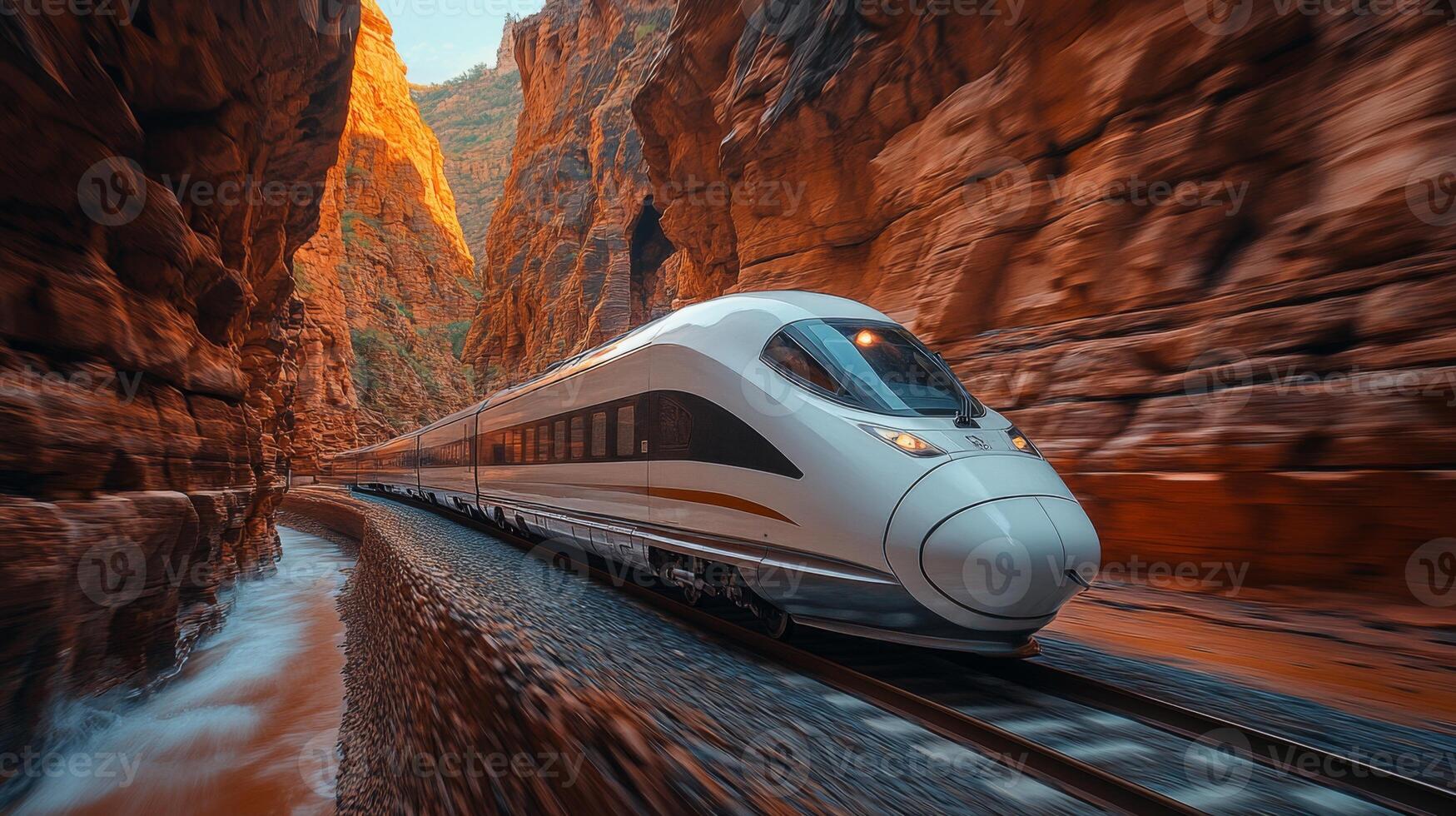 A sleek maglev train glides smoothly along railway tracks nestled between steep canyon walls during a breathtaking sunset. Nature's beauty contrasts with advanced transportation. photo