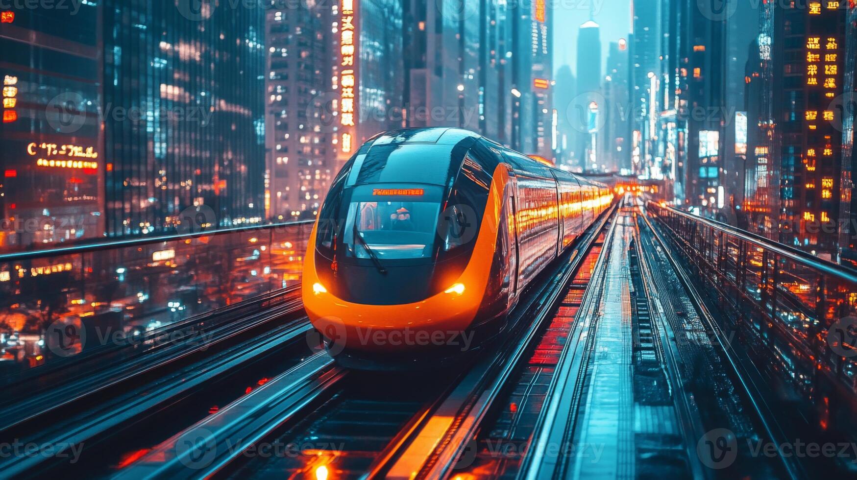 A sleek high speed maglev train glides along elevated tracks in a vibrant city at night. Neon lights from skyscrapers reflect on the wet rails, highlighting advancements in transportation technology. photo