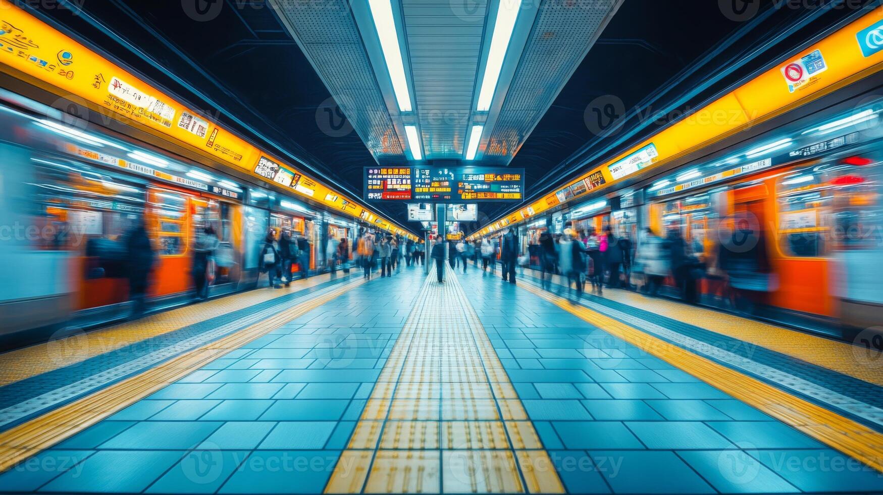 A busy subway station filled with commuters moving along the platform while trains arrive and depart. Bright advertising lights and signage enhance the urban experience. photo