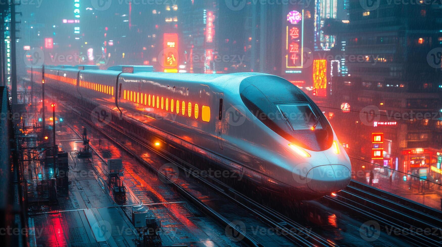 A sleek high speed train moves along elevated tracks in a neon lit urban area during nighttime, emphasizing modern technologies in transit and commuter experiences. photo