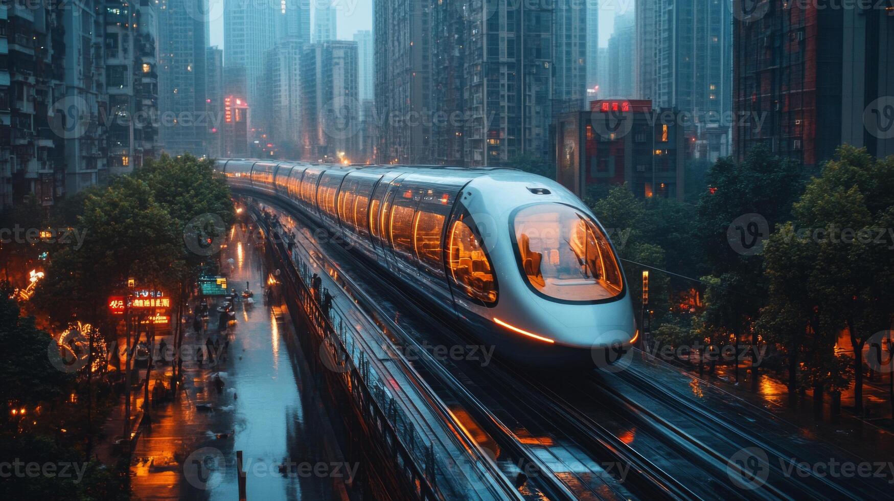 A sleek maglev train moves swiftly along elevated tracks in a modern city. Towering skyscrapers surround the scene under a rain soaked sky, highlighting advanced transportation. photo