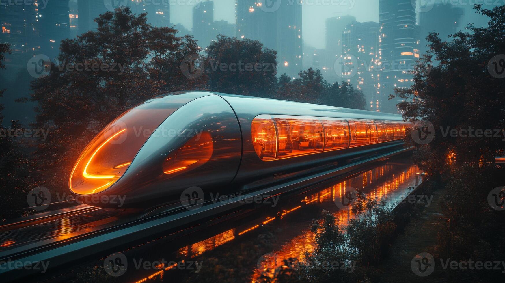 A sleek maglev train moves smoothly along elevated tracks beside a futuristic city skyline. The setting sun reflects off the train, creating a vibrant visual contrast with the surroundings. photo
