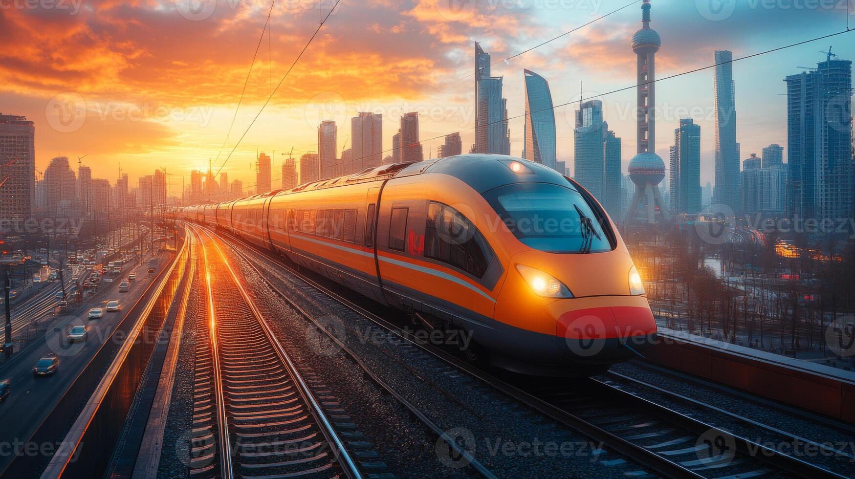 A sleek high speed train glides along tracks in a vibrant city at sunset, highlighting the fusion of advanced rail technology and urban infrastructure photo