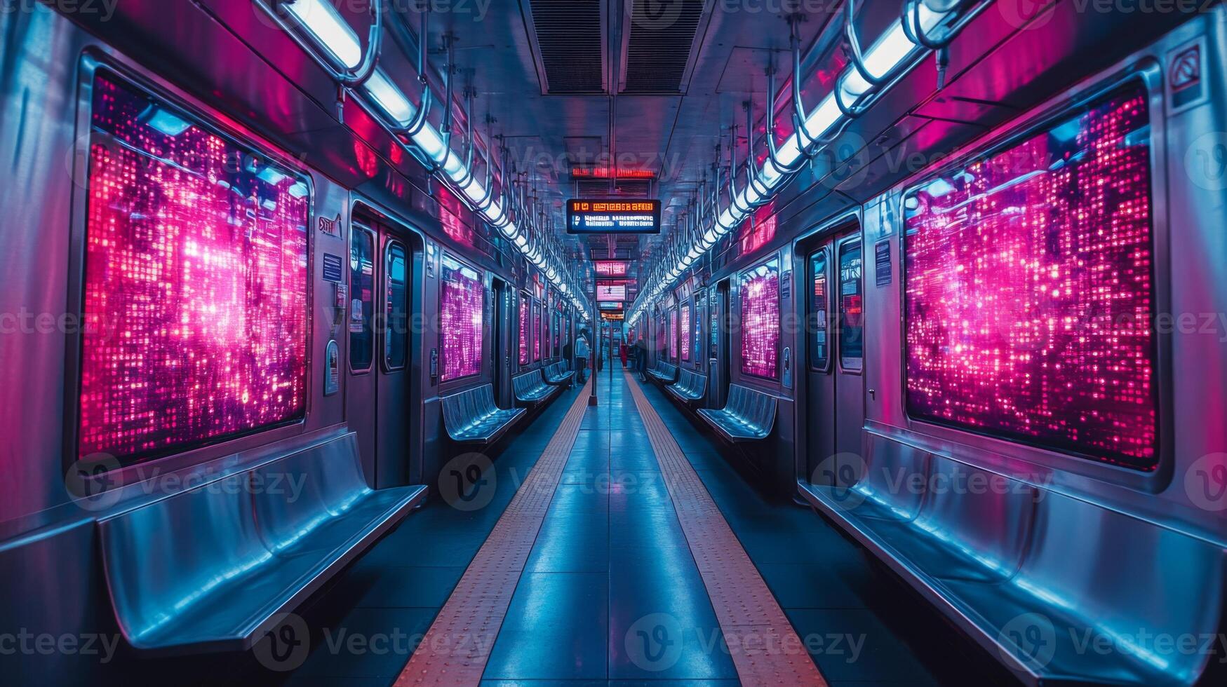 A modern subway car features striking digital displays along its walls, casting colorful lights on empty seats during rush hour. The atmosphere is enhanced by advanced automation. photo