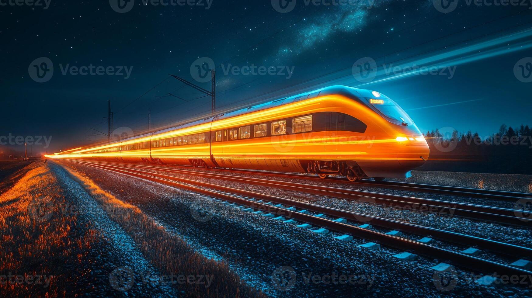 Brightly lit train glides along the railway tracks at high speed. The starry night sky creates a stunning backdrop for this advanced mode of transport, showcasing modern mobility in action. photo