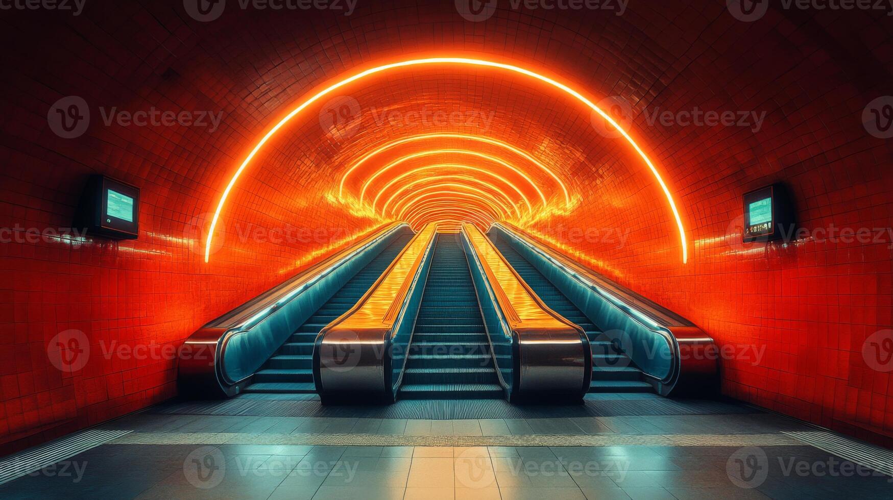 Commuters ascend the escalators of a colorful subway station illuminated by neon lights. The warm glow contrasts sharply with the sleek modern structure, evoking an energetic urban atmosphere. photo