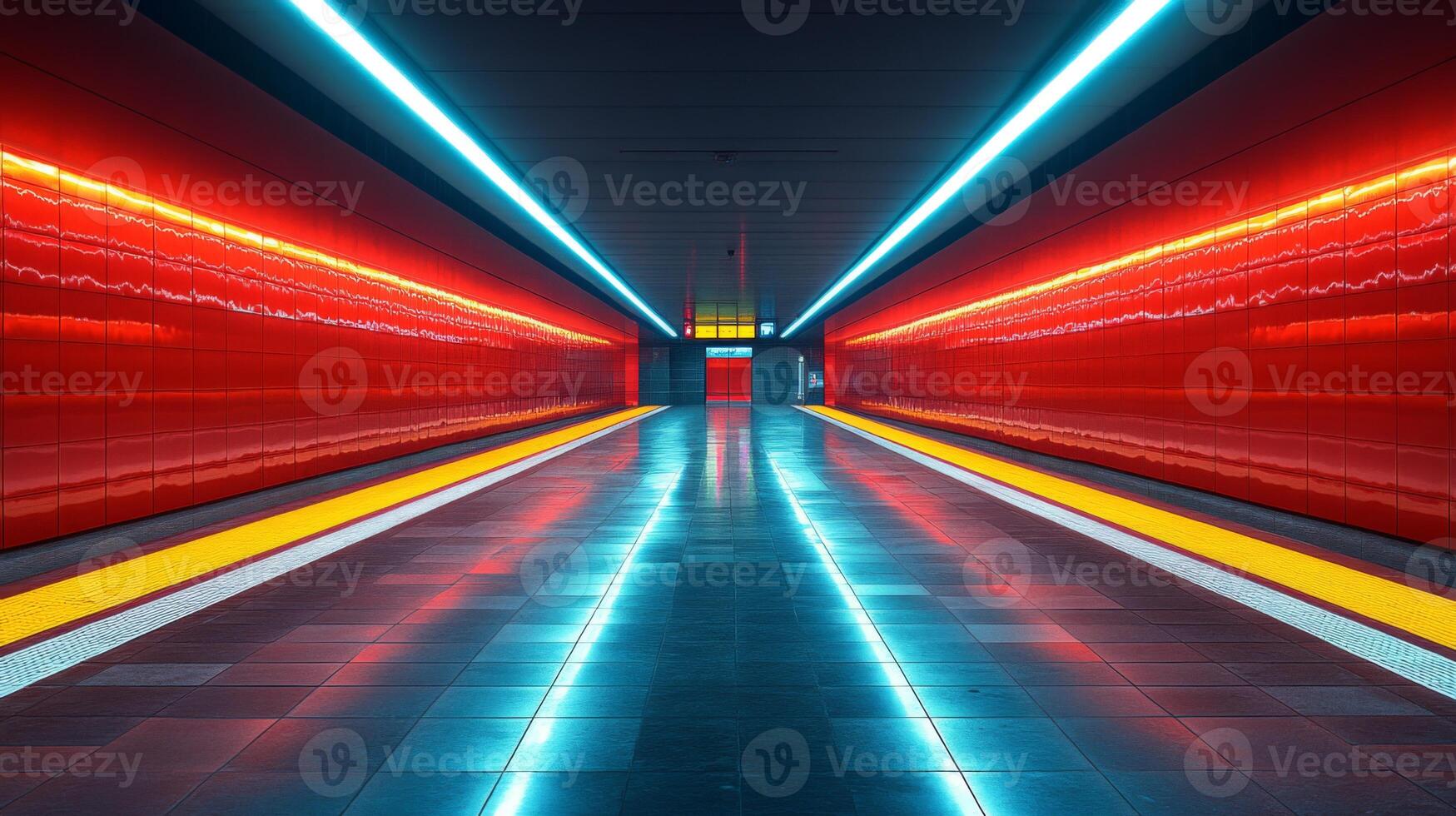 A brightly lit subway station features sleek, red walls and glowing lights, creating a stunning visual for commuters in an urban transportation hub. photo