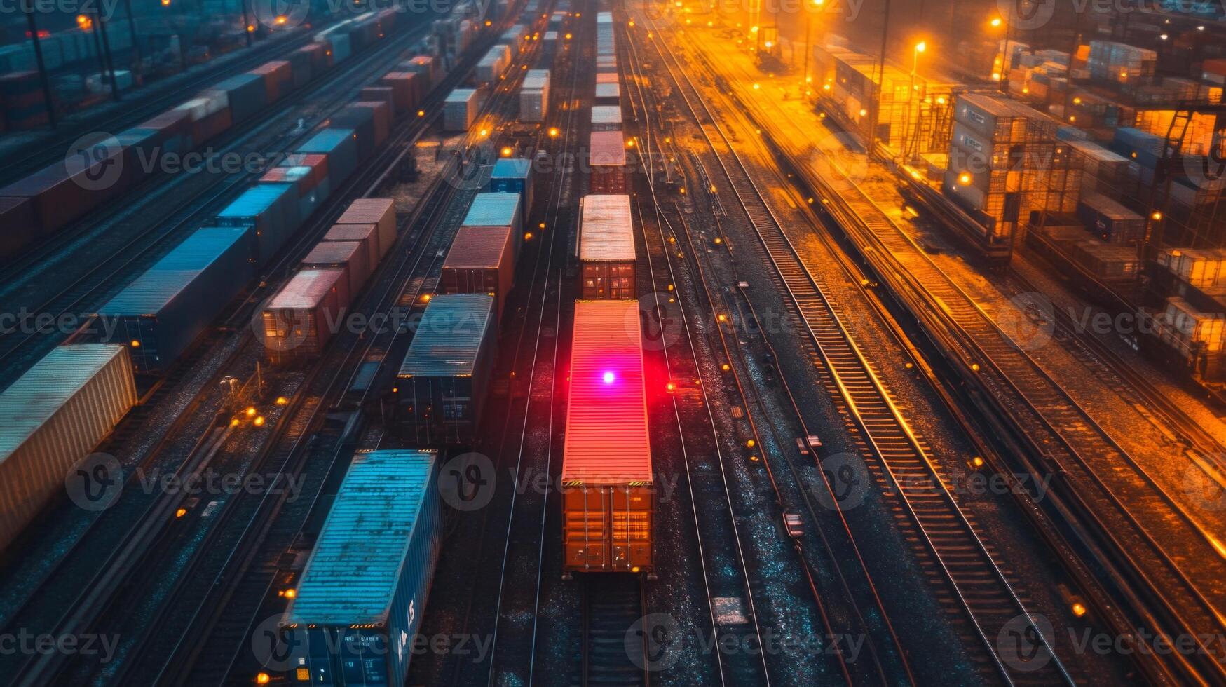 Containers are lined up in a railway yard as automated trains navigate the tracks, with warm lights illuminating the scene during the evening. photo